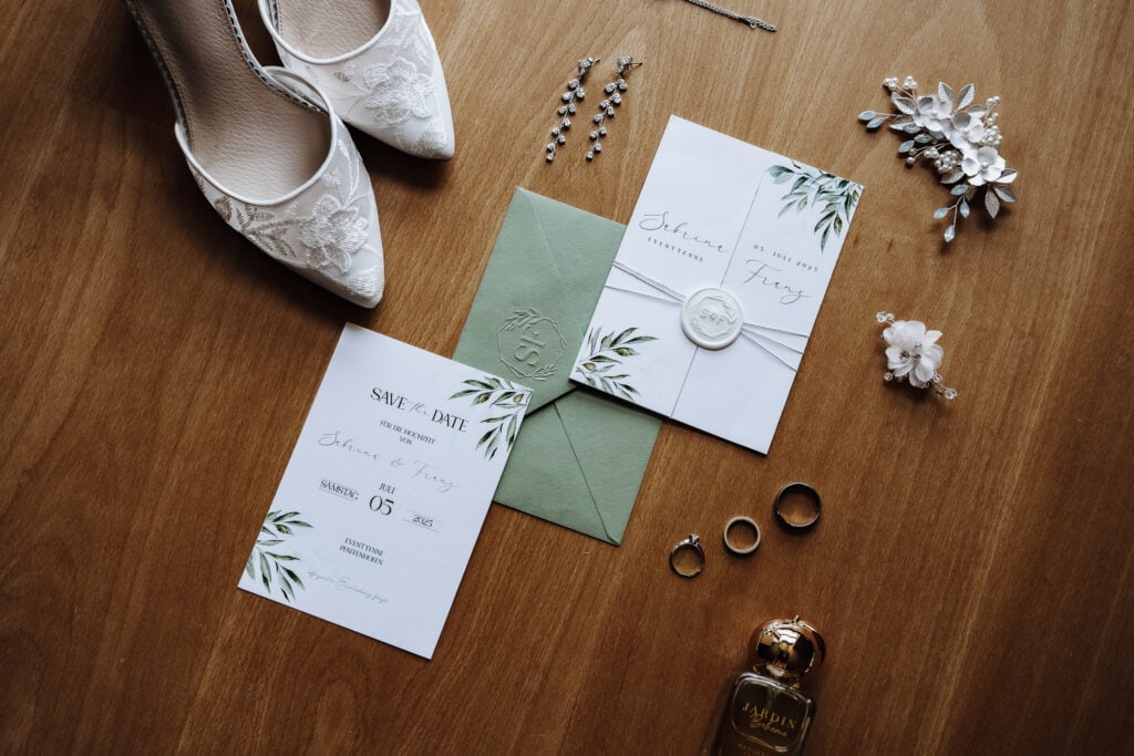 Ästhetische Detailaufnahme von Hochzeitsringen, Brautschuhen und der Einladung, fotografiert in Freising.