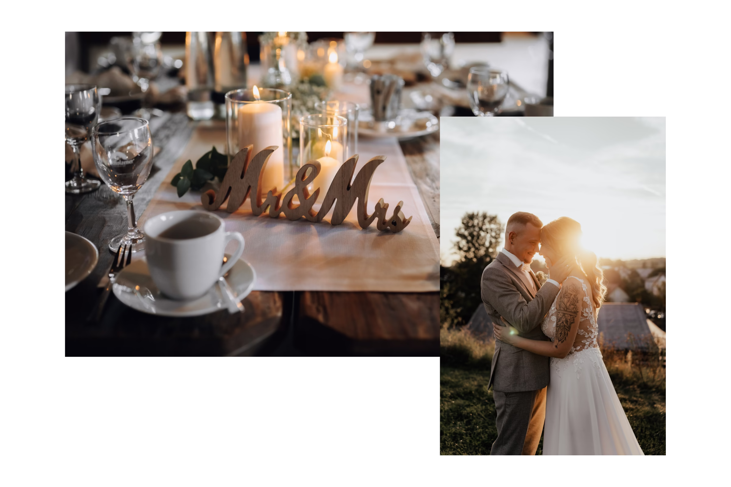 Collage aus zwei Hochzeitsfotos: Eine festliche Tischdekoration mit „Mr & Mrs“-Schriftzug und ein romantisches Brautpaar beim Sonnenuntergang.