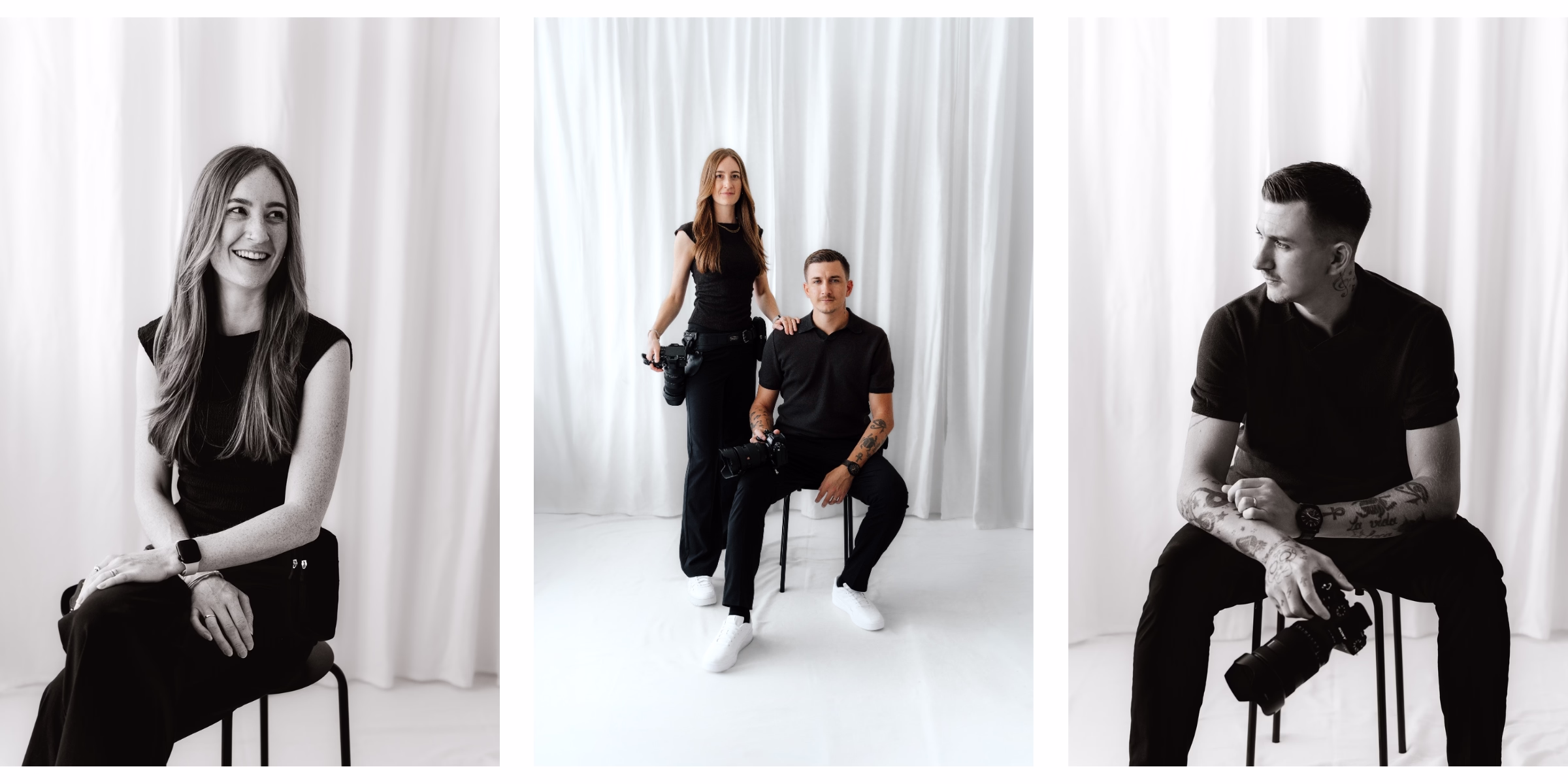 Dreiteilige Fotokollage von Hochzeitsfotografin Stephie, dem Duo gemeinsam und Fotograf Robert vor hellem Hintergrund